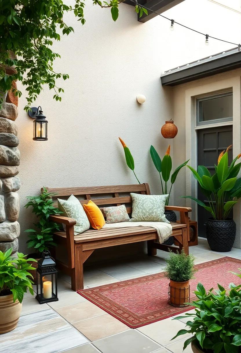 Rustic Charm: Embrace ⁢a warm, natural vibe ⁣with a weathered ⁢wooden bench paired ‌with vintage lanterns and potted‍ greenery