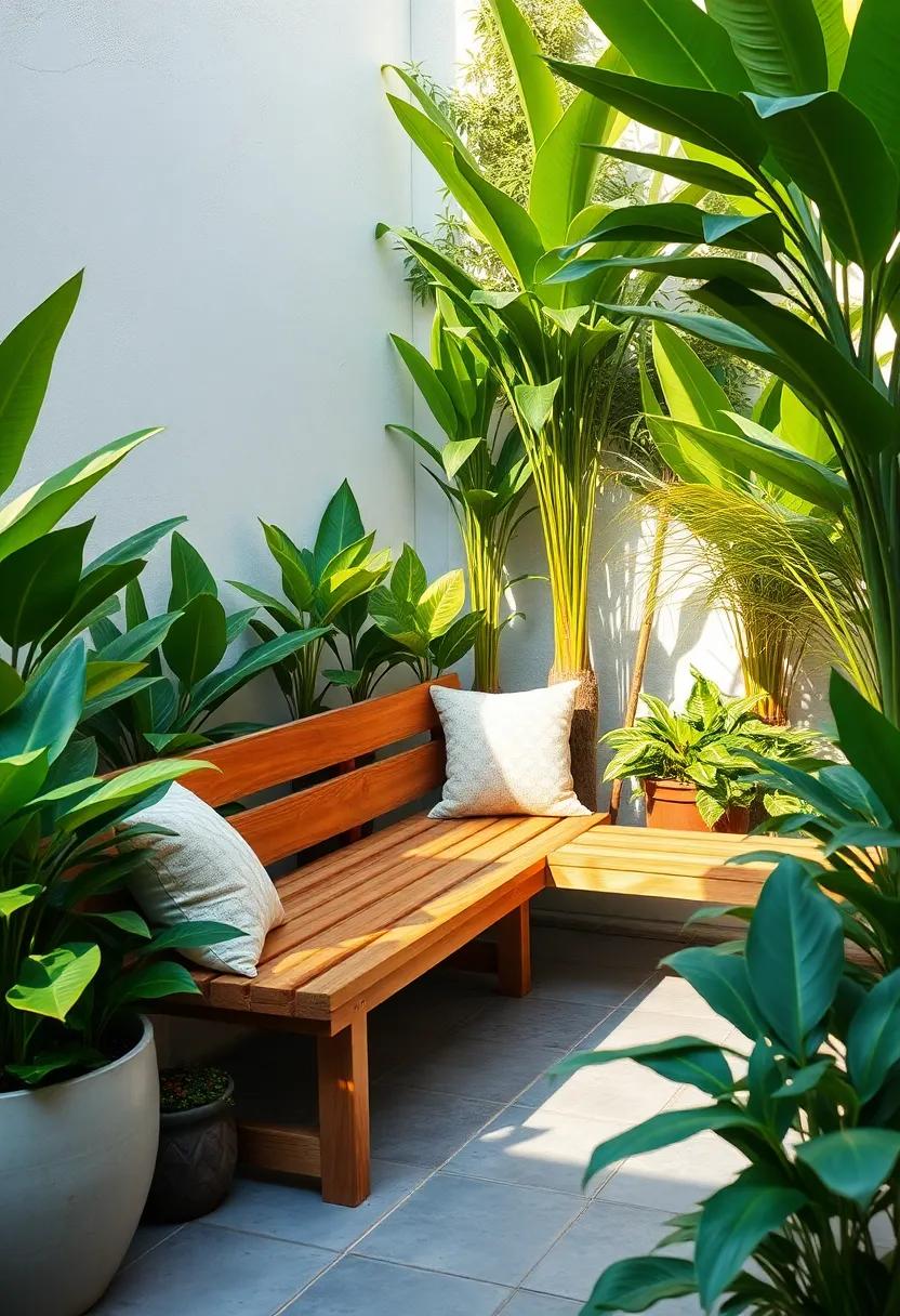Urban Jungle Setup: pair ⁤a simple wooden bench with⁣ densely placed, large-leaf plants for an urban oasis feel