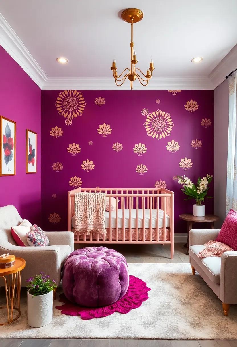 Incorporate a⁢ soft plum feature wall with delicate‍ gold stenciled patterns​ for⁢ an ⁣elegant focal point