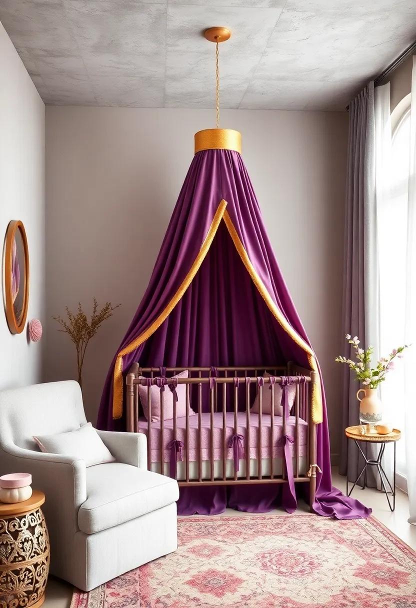 Hang a plum canopy‍ with⁣ gold trim over the crib for ​a royal and ⁢cozy cocooning effect