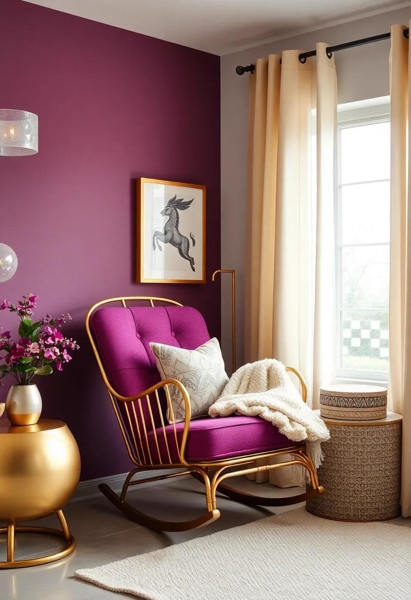 Incorporate ​a gold-toned rocking chair upholstered in complimentary plum fabric for a stylish nursing spot
