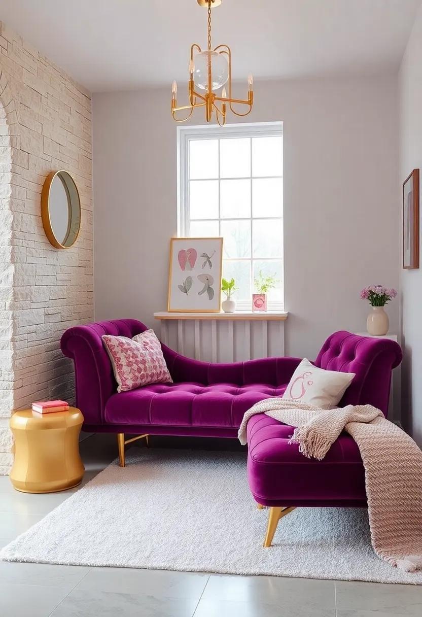 Add a plush plum chaise‌ lounge with gold legs as a‍ multifunctional‍ seating and reading nook