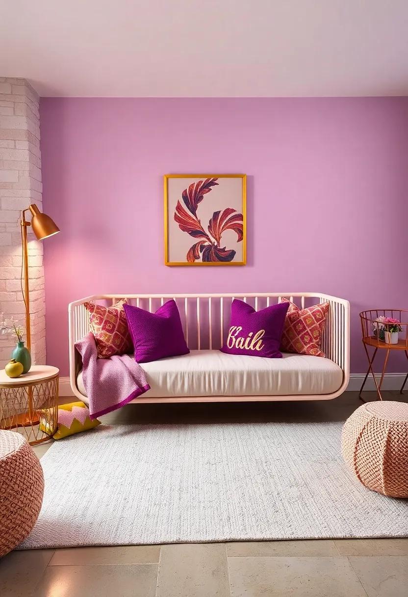 Layer plum and gold ‍throw pillows ⁤on a nursery seating ⁤area⁣ to​ enhance‌ comfort⁢ and style