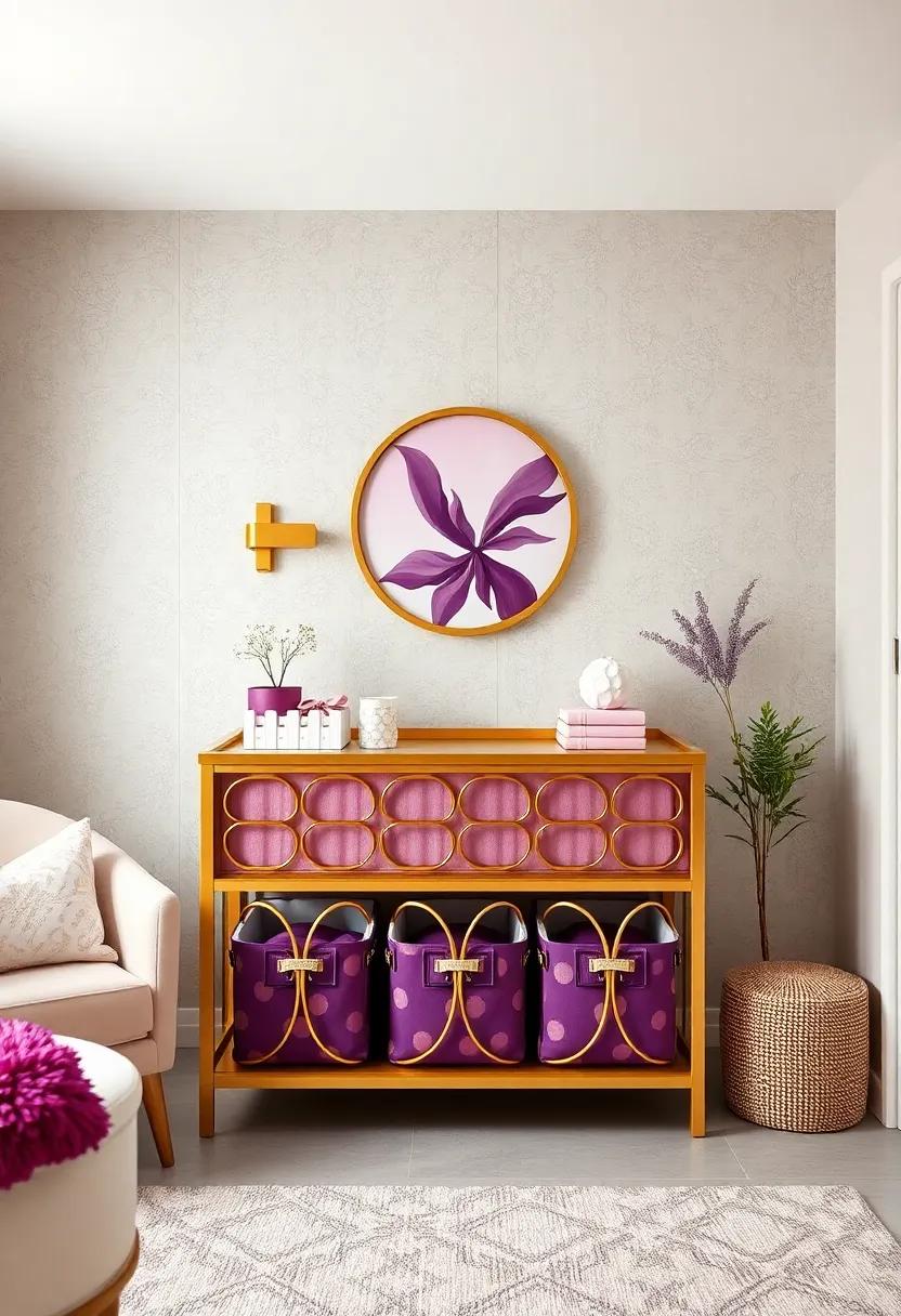 choose ‍a gold-accented changing table with plum ⁤fabric bins for effortless diaper‌ station ​organization