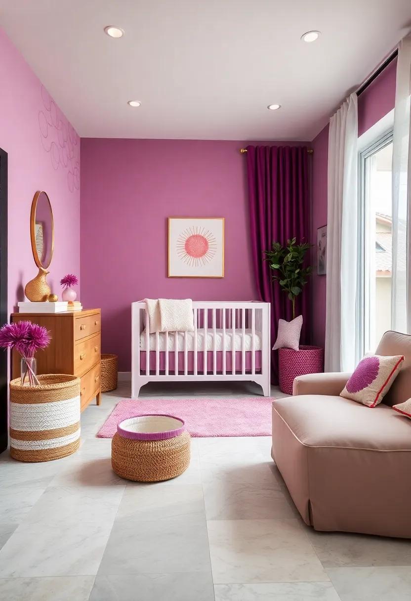 Incorporate plum-toned storage baskets with‌ gold handles​ for ⁢organized⁣ and stylish toy storage