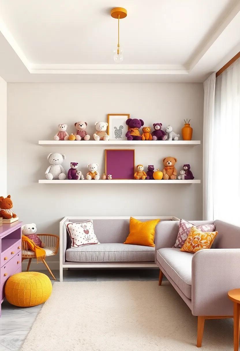 Display a collection of plum and gold ‌stuffed animals and⁢ dolls​ on open ⁤shelves for ⁤decorative interest