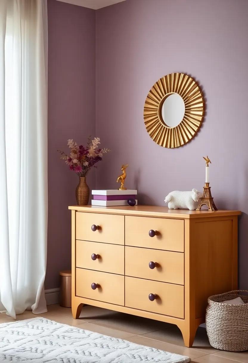 Use a gold-painted dresser ⁢with plum drawer knobs‌ to ‌add a chic and‌ functional storage piece