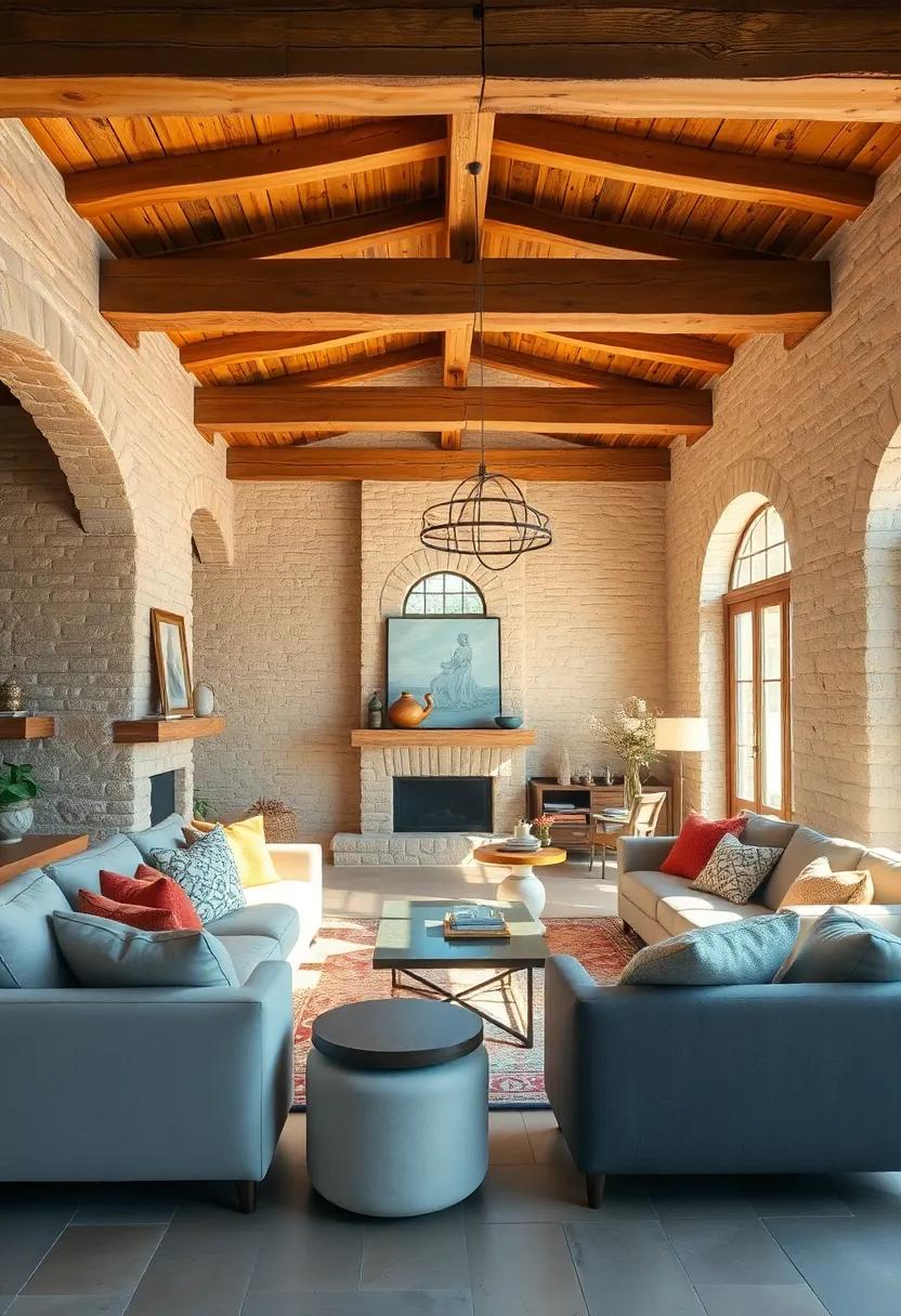 Rustic ⁤Living⁤ Rooms Bathed in warm sunlight Highlighting‌ Exposed Wooden Beams and Natural Textures