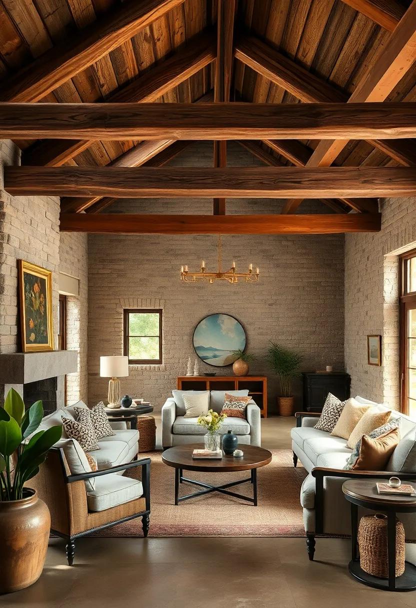 Cozy Corners Nestled Beneath Dramatic ⁤Wooden‍ Beams ⁣with Vintage Furniture and Soft Earth-Toned Fabrics