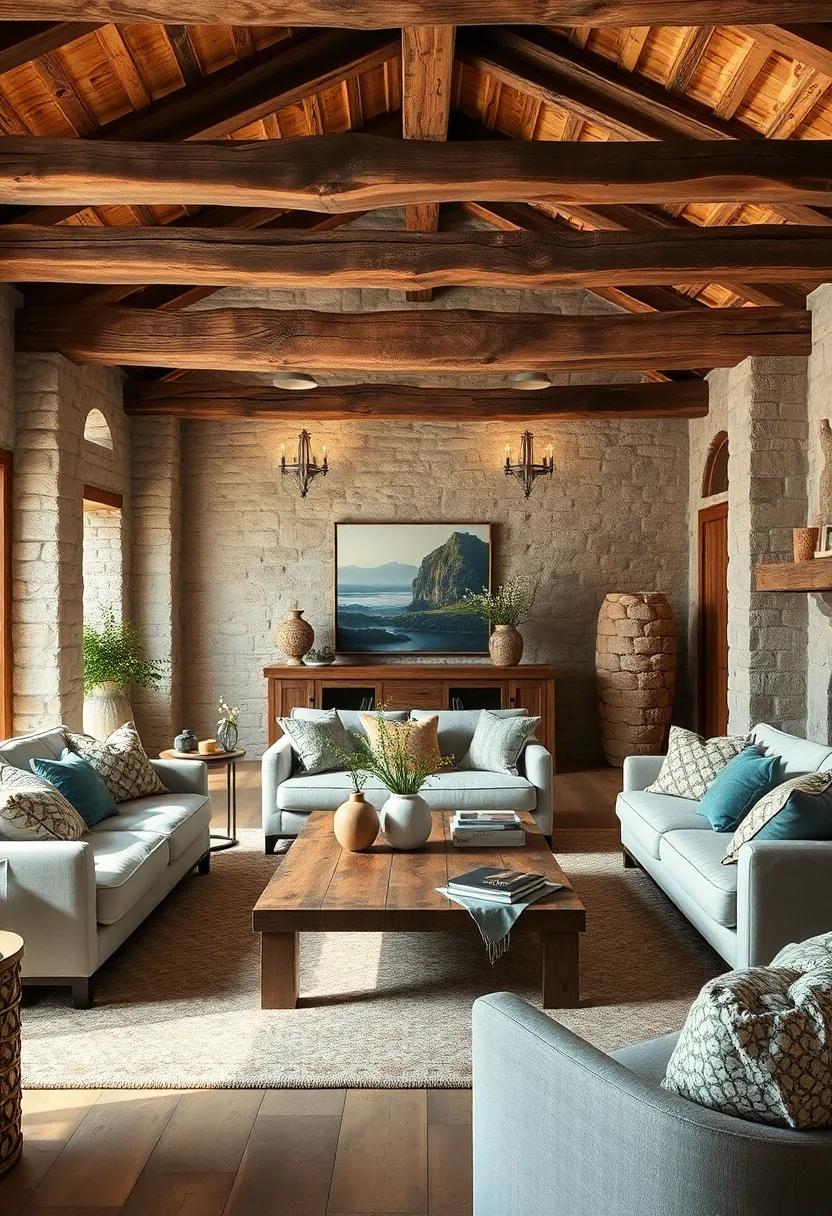 Intimate‌ Gatherings Around a Classic Wooden Coffee Table Surrounded by Raw Beams and Natural Stone Walls