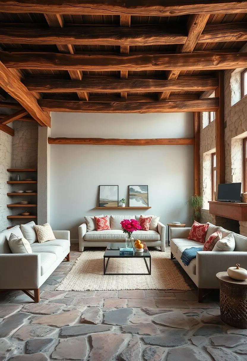 Natural Imperfections Celebrated in ⁣Aged‌ Wooden‌ Beams⁣ and Layered Rustic ⁢Stone Flooring‍ Under Soft Light