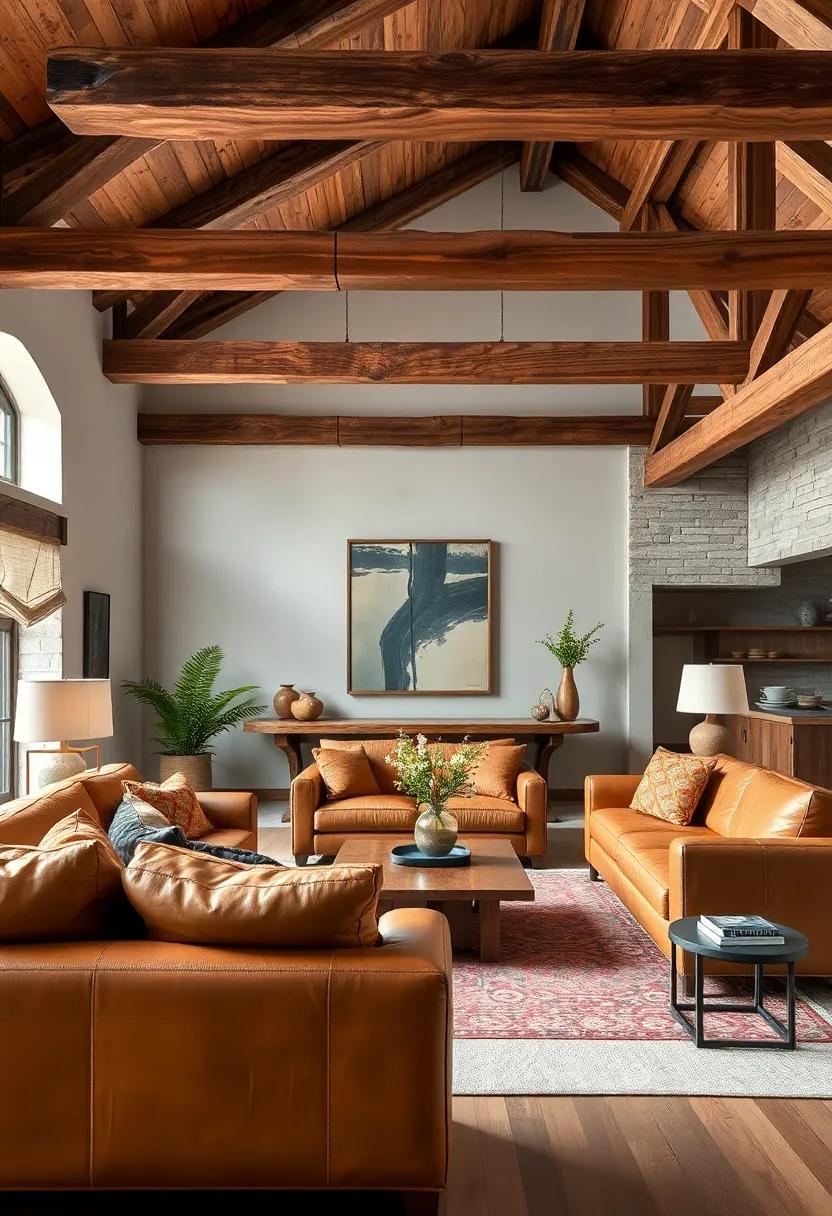 Rustic Elegance‍ Showcased ⁣through Layered Wooden Beams and Gentle Lighting Overhandcrafted Leather Seating