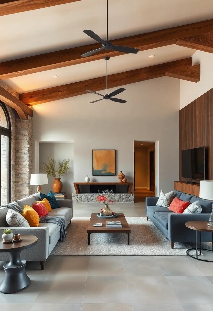 Rustic Living ‍Spaces Fluidly Combining ‌exposed‍ Wooden‌ Beams with Open Floor Plans and Earthy Décor ‌Elements