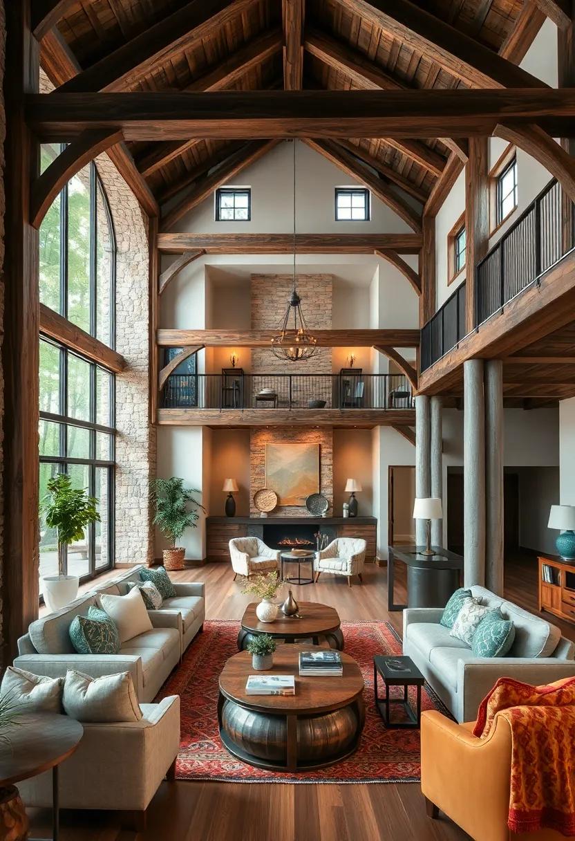 Multi-Level Living Spaces Featuring Massive Wooden Beams ‍and a Mix of Antique and Rustic Furnishings