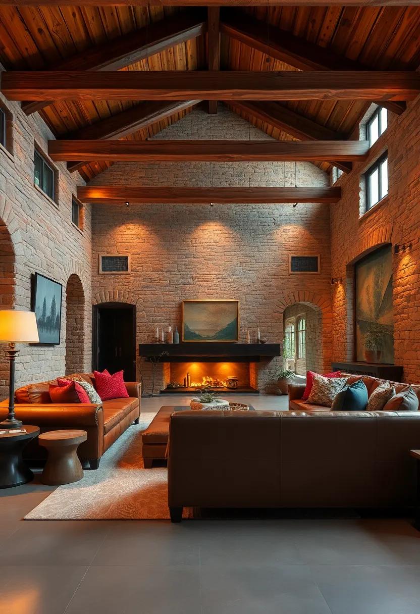 Warm amber ‍Lighting Casting Cozy glows on Heavily Textured Wooden Beams ​and Distressed Leather Sofas