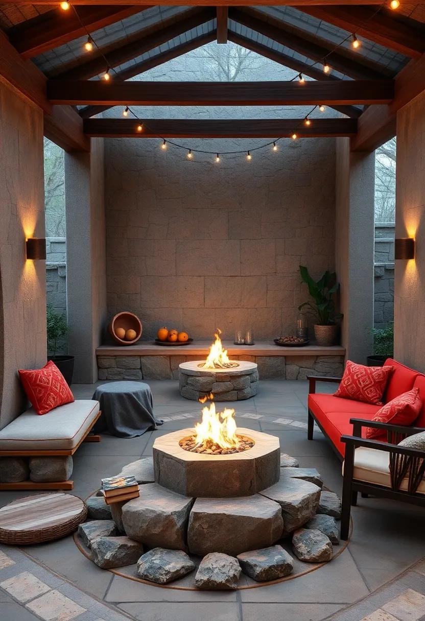 Cozy Nooks Surrounded by Natural stone Circles Embracing flickering Firelight in Rustic Outdoor Settings