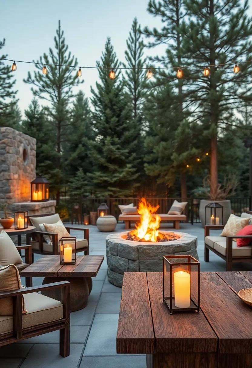Rustic Lanterns⁢ Casting‌ Warm Glows on Aged Timber Tables Set Around a Fire Pit Amidst Tall Pine Trees
