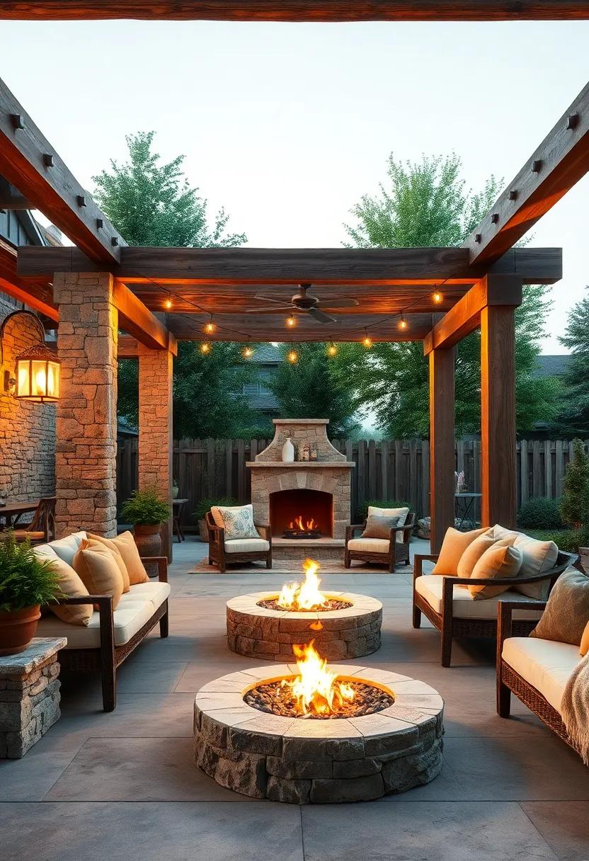 Layered Earth Tones in Cushions and Rugs⁤ Paired​ with Rough-Hewn Logs‍ Framing a Cozy Fire Pit Gathering ⁤Space