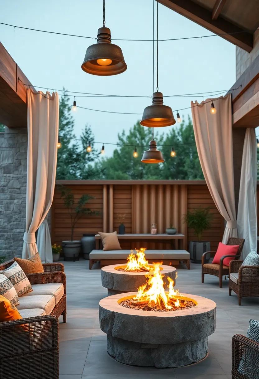 Low ⁤Hanging vintage⁤ Metal Pendants Illuminating Soft Fabric Drapes‍ and Flickering Firelight ​in Outdoor ​Living