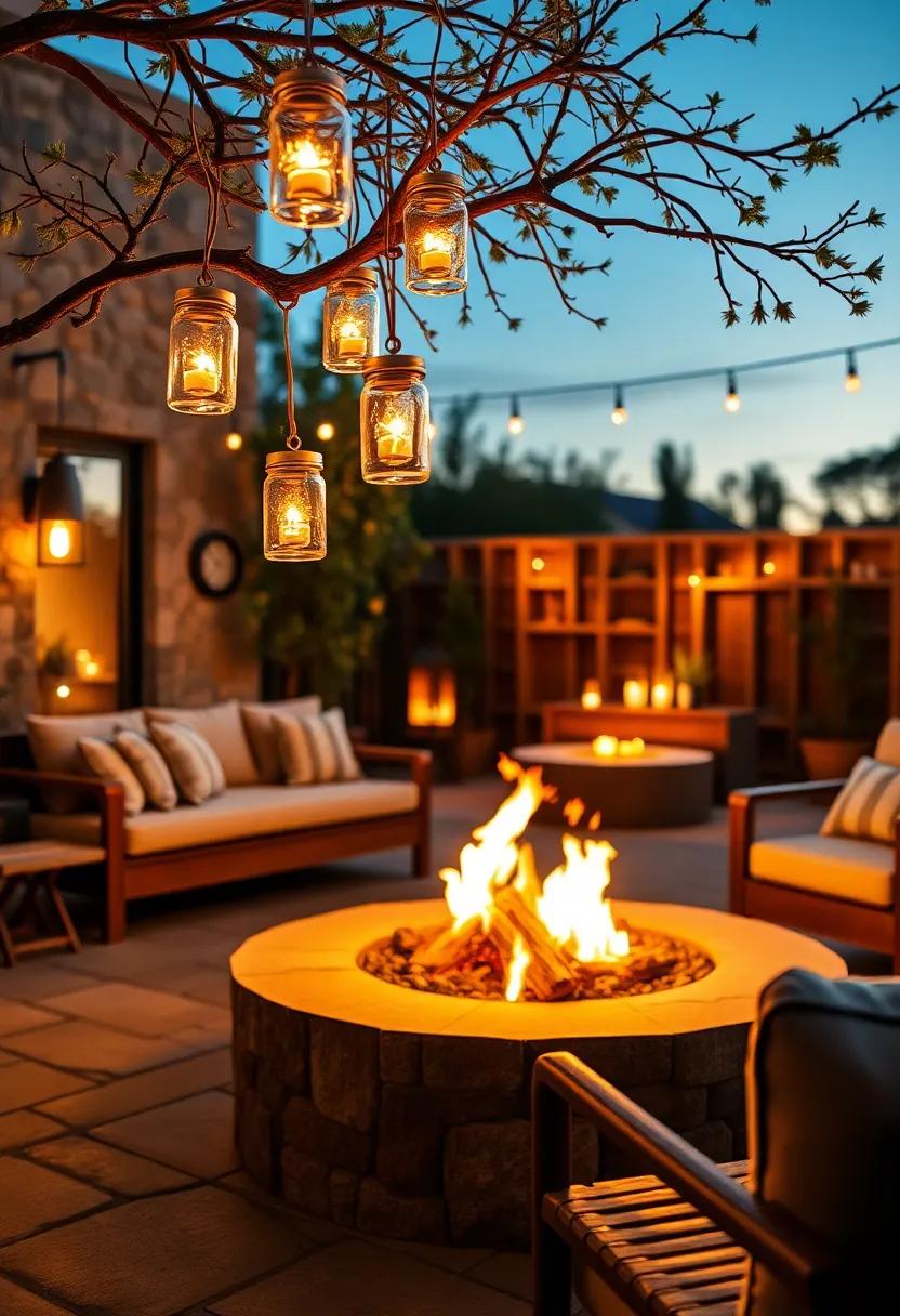 Charming Mason Jar Candle Holders Hanging From Branches ⁤Over A⁢ Fire Pit Creating Intimate Evening Vibes