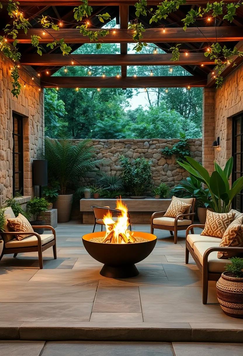 Weathered Metal Fire Pit designs Blending Seamlessly with Earthy ‍Twinkling Fairy Lights and Natural Foliage