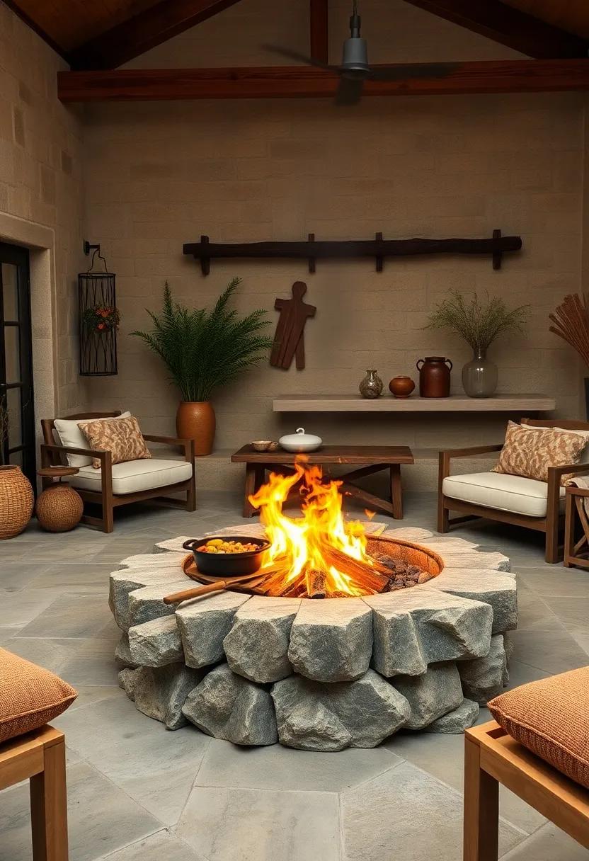 Vintage Cast Iron ⁣Cookware Simmering rustic Meals Over Open Flames ⁢in a‌ Handcrafted Stone Fire Pit