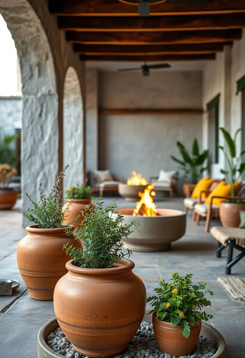 Clay and Terracotta⁢ Pots Filled With Seasonal Herbs Nestled Close to‌ Smoldering Embers and Woven Seats