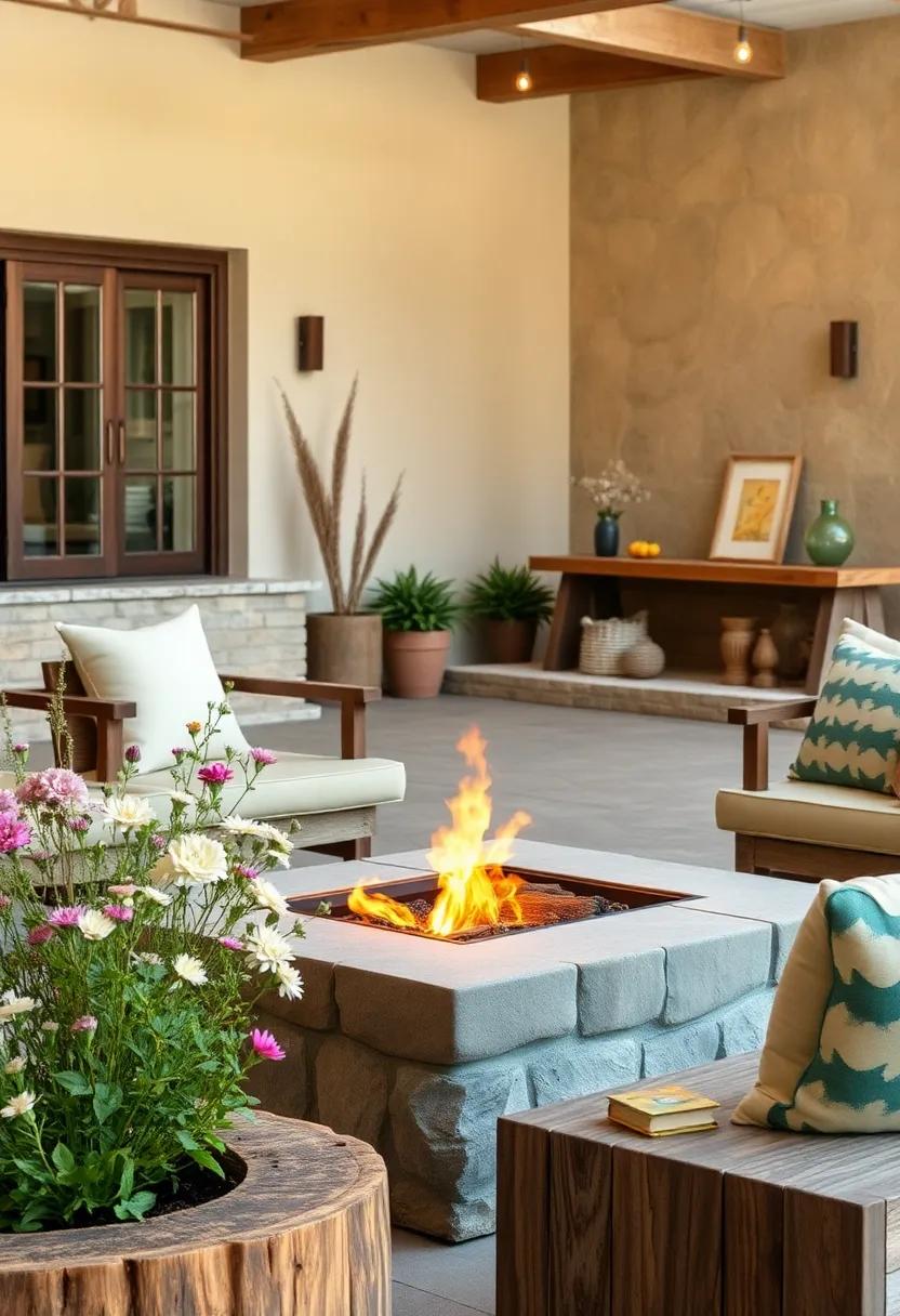 Delicate Wildflower Arrangements Nestled Among Rough ⁤Timber Seating Enlivening a Rustic Fireside Scene