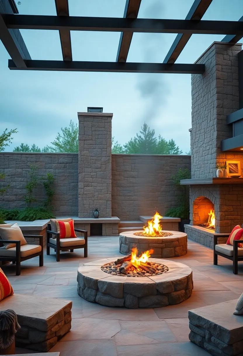 Rustic metal Grates and ⁣Chimneys Rising Boldly ‌from Stone Fire Pits⁣ With Natural Stone Seating Circles