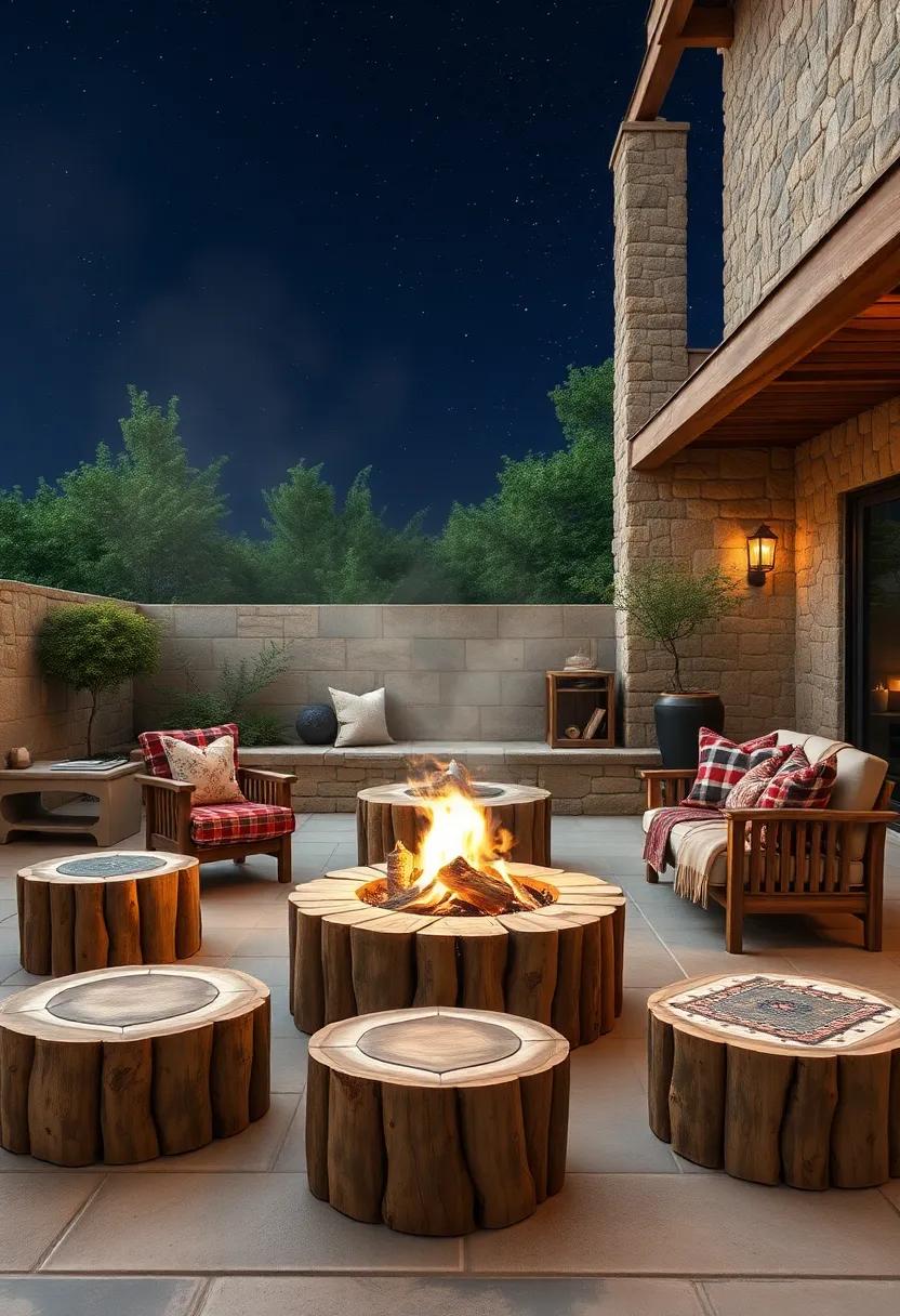 Rustic Log Stools and Patchwork ⁤Quilts Arranged Neatly Around a Low-Smoke Fire Pit Under a Starry Sky
