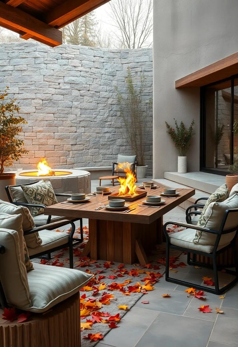 Seasonal ​Autumn Leaves Scattering a Wooden Table Set With Rustic Dishware Close to a Cozy Fire Circle