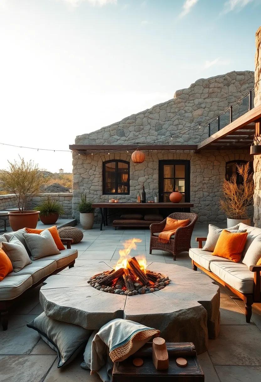 Rough Linen Cushions and Burnt Orange‍ Accents ⁢Complementing Ash Tones of​ Fire ‍Pit ⁣Stones Under ⁢Open Skies