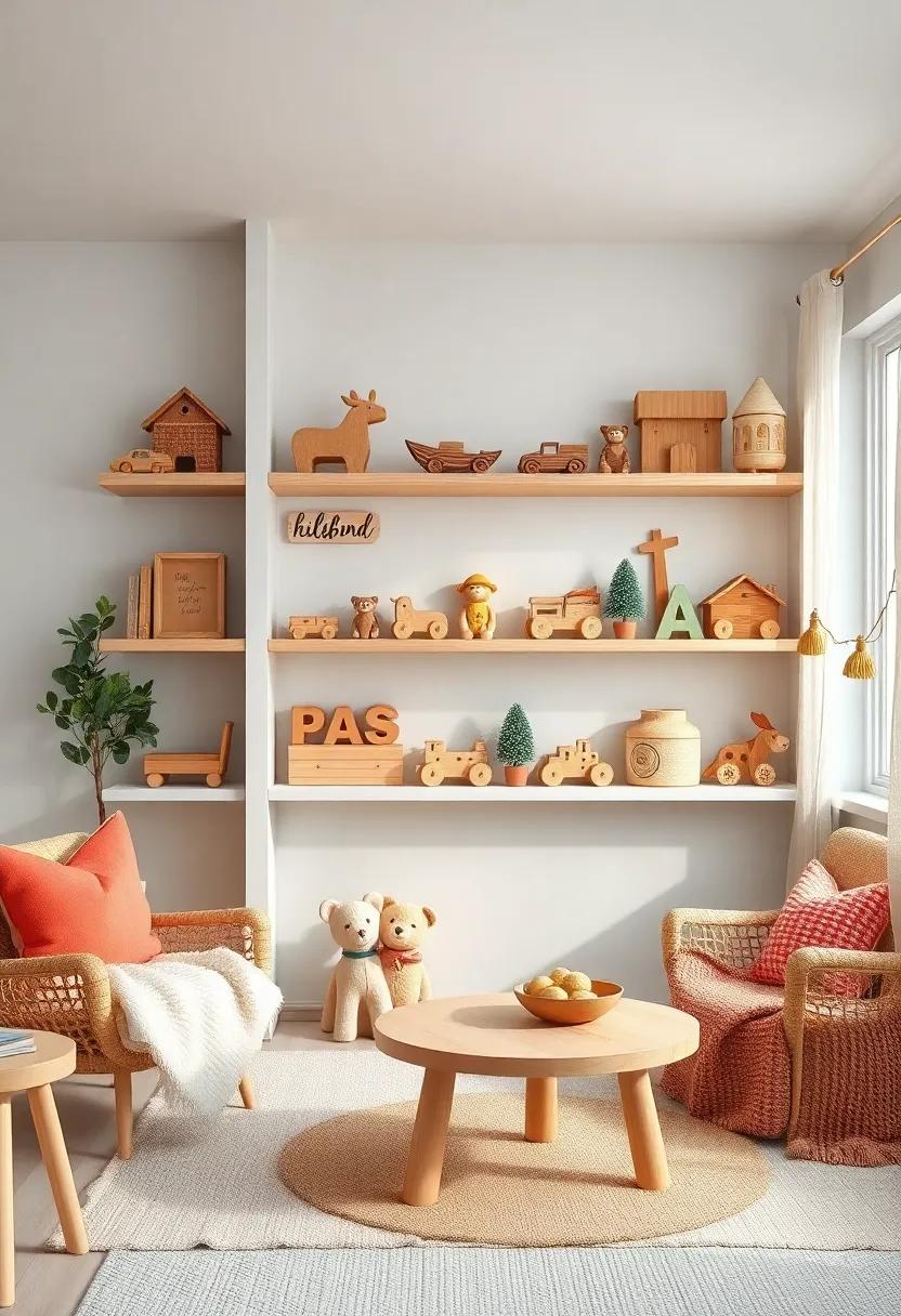 Handcrafted​ Wooden Toys Display: Showcasing⁢ classic wooden toys on open shelves ​blends decor with functionality in ‌a⁤ playful, authentic way