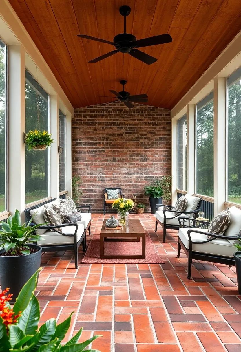 - ‍Classic⁢ Brick flooring in Warm ‌Red and‍ Brown Hues Creating Timeless Charm for Covered Screened Spaces