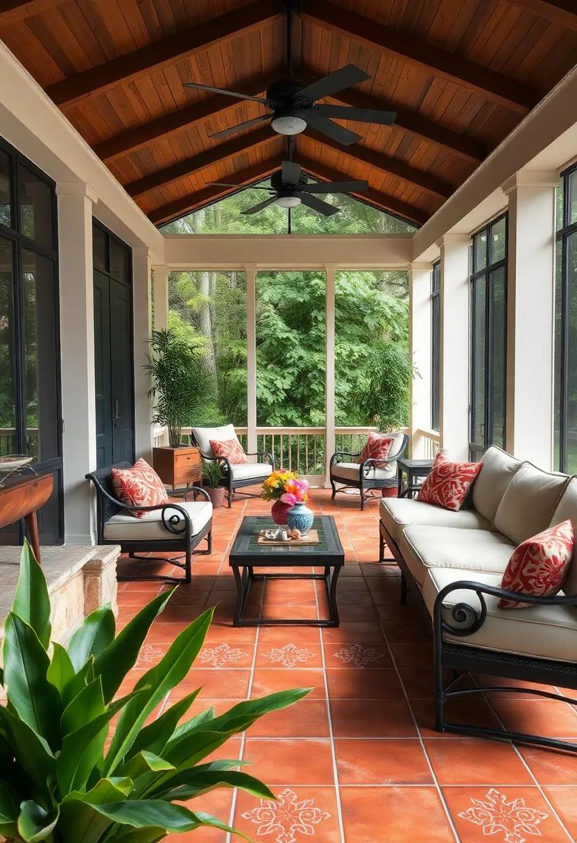 - hand-Painted Terracotta ⁢Tiles Featuring Traditional Motifs and Rustic Finish to Warm Up Screened‍ Porches