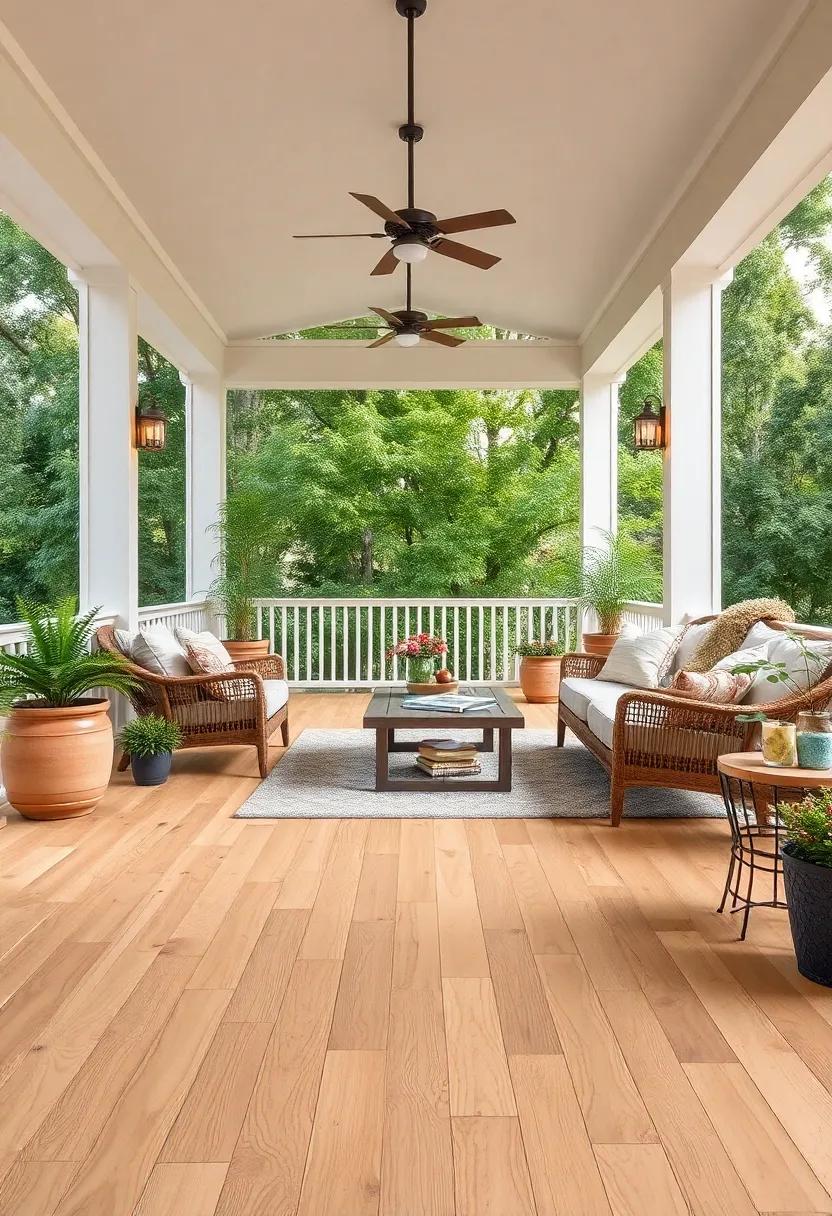 - Harvest Inspired Wide Pine Flooring With natural Knots and Soft amber Tones Invoking Cozy outdoor Vibes