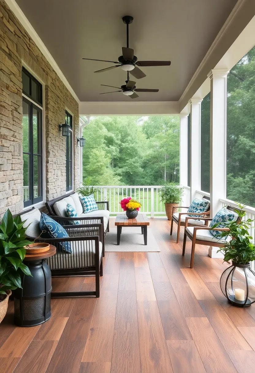 - ​Rustic Charm of ‍Reclaimed Barnwood Flooring Varying⁢ in ‌Color and Character to Add Depth to Screened Porches