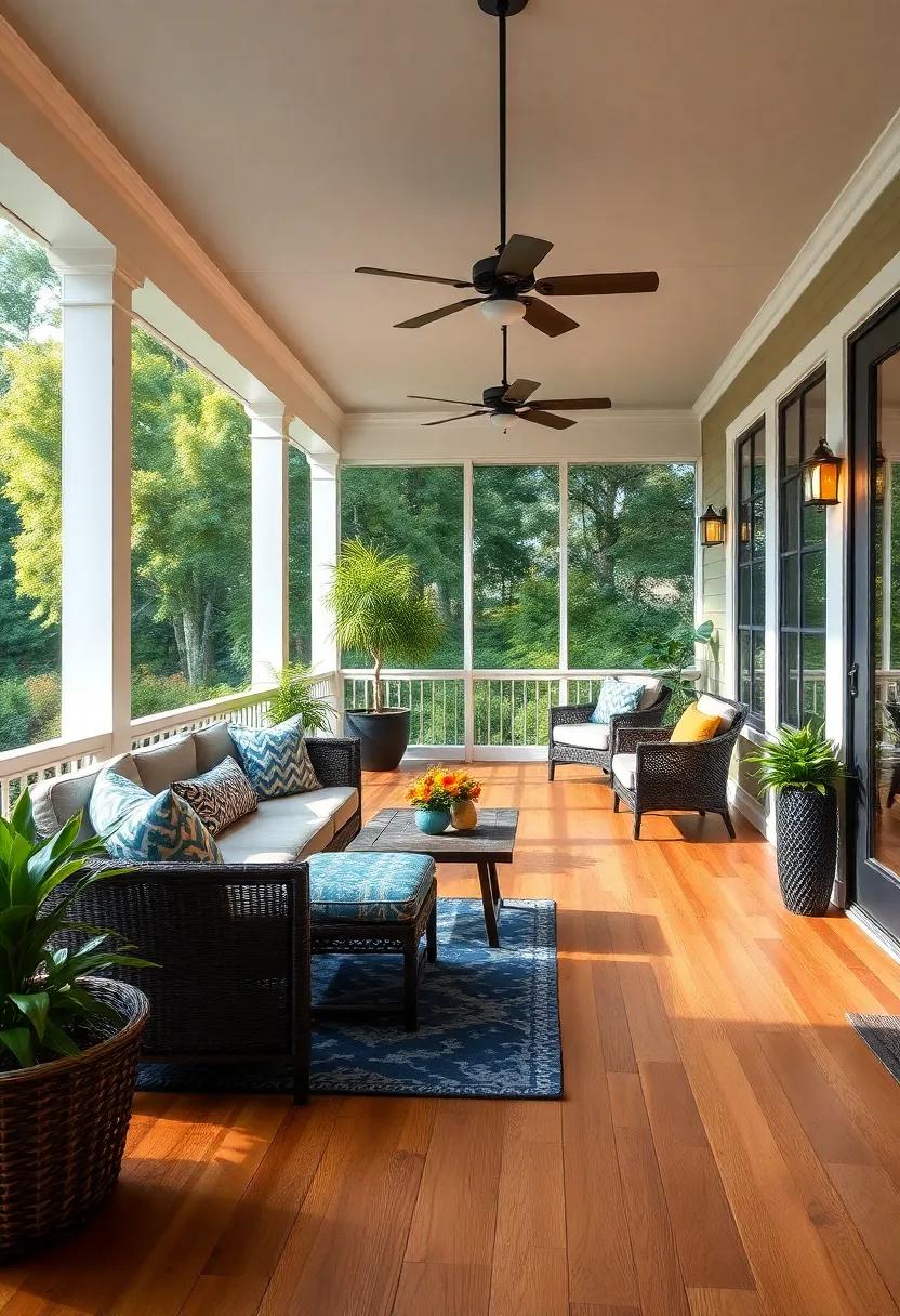 - Satin-Finished Teak Wood Floors With Rich Golden Hues Elevating ​Luxurious Screened Porch Settings