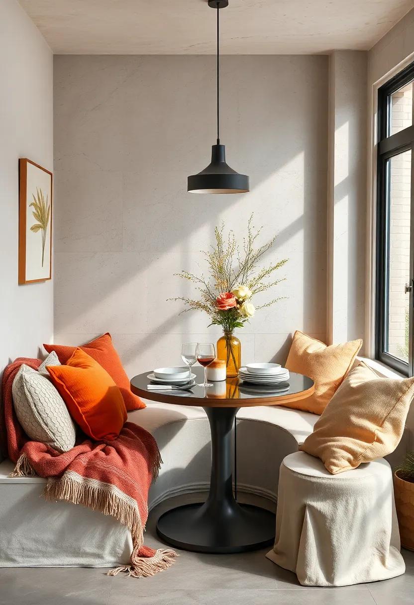 Soft Textured Throws and Cushions Coordinated with ⁣Seasonal Table Themes in Tiny Dining Corners
