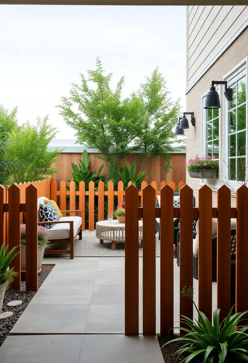 Stained Cherry Wood Picket​ Fence for Warmth ⁣and Depth