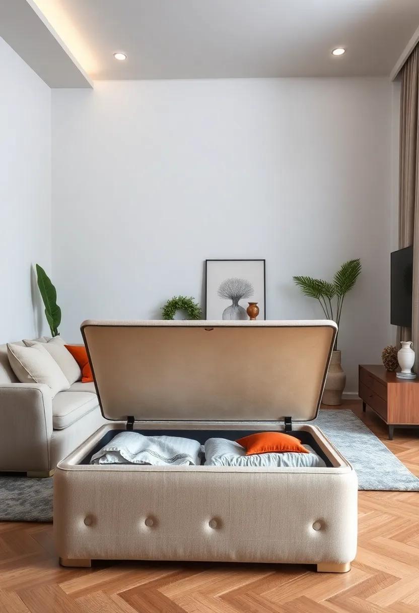 Ottoman with ‌a ⁣removable top revealing storage space inside for blankets ⁢and pillows