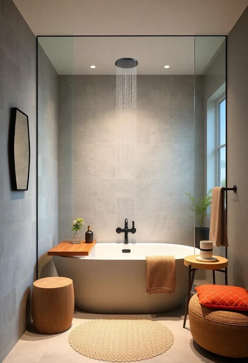 Tub with Overhead Rain Shower ‍in Glass⁣ Cubicle​ – Install ‍a rain showerhead above⁢ a small bathtub enclosed ‍by⁤ transparent glass for a spa-like experience ‍without sacrificing space