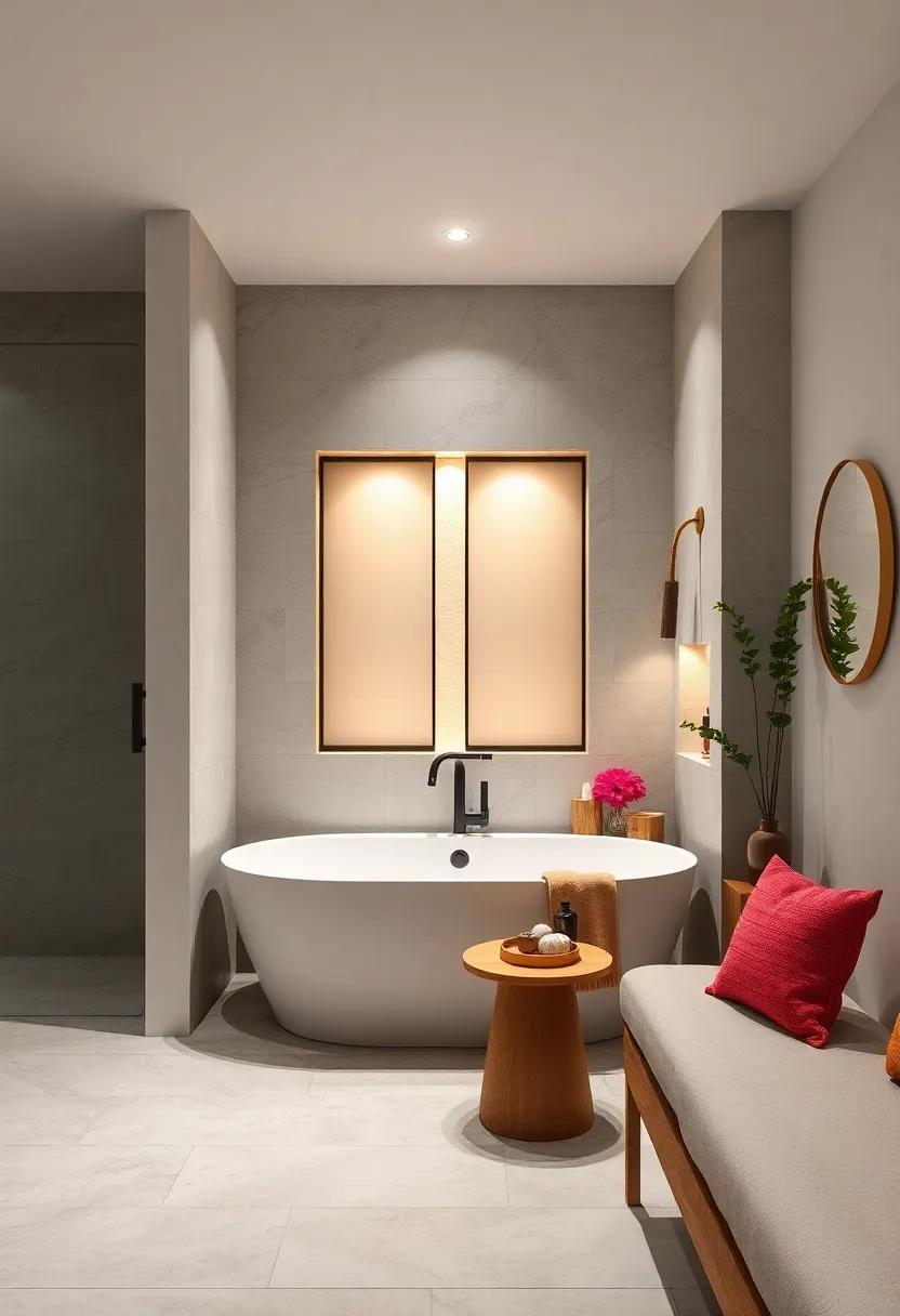 Tub with sliding Frosted Glass Doors‌ and Niche ‍Lighting – ‌Utilize sliding frosted glass ‌doors for privacy⁤ and moisture control, ‌combined with ‌niche lighting for a⁣ warm ⁤ambiance