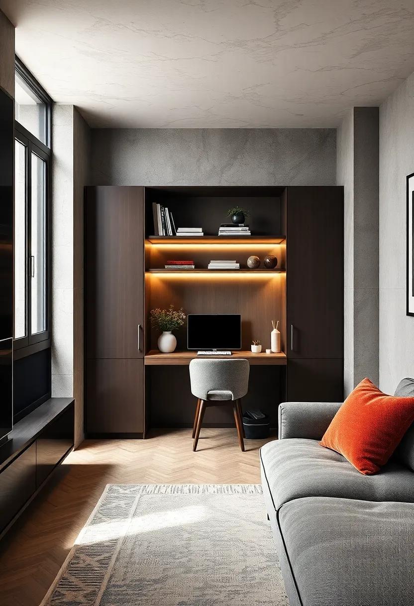 A pull-out wall desk hides neatly inside a slim ‍cabinet, offering ‌privacy and extra storage ‍in compact apartments