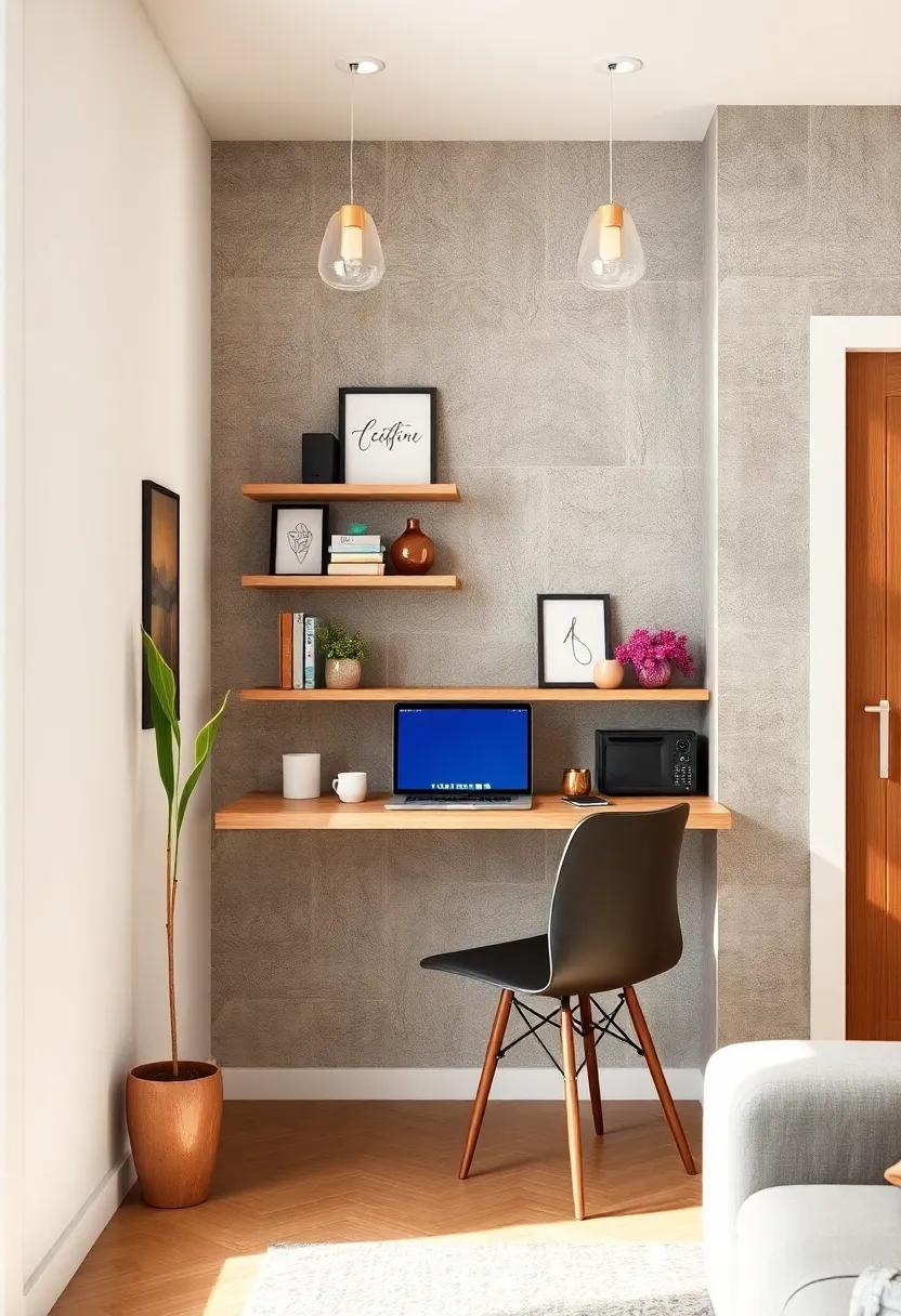 Warm wooden tones on a fold-down wall desk add natural charm while keeping the floor space completely clear when ⁤not in ‍use