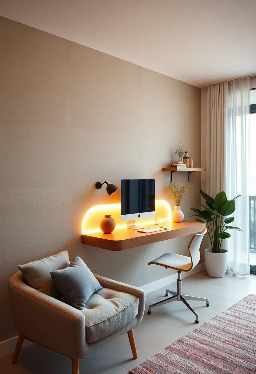 Soft LED backlighting behind a floating desk creates a cozy ‍ambiance and ‌reduces eye strain in dim rooms
