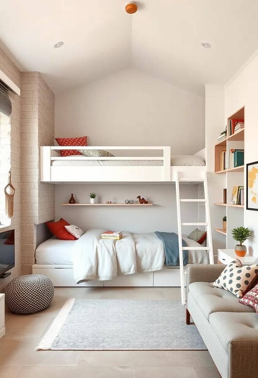 A ⁢minimalist loft bed with clean white lines, paired with sleek built-in shelving to keep toys‍ and books organized without cluttering the space