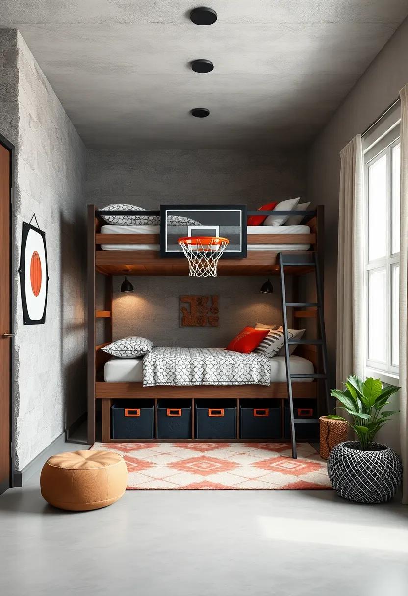 A⁤ sporty-themed loft bed complete ⁣with a ​basketball hoop and storage ‌bins⁢ beneath, combining⁣ fun and functionality ⁤in a‌ small room