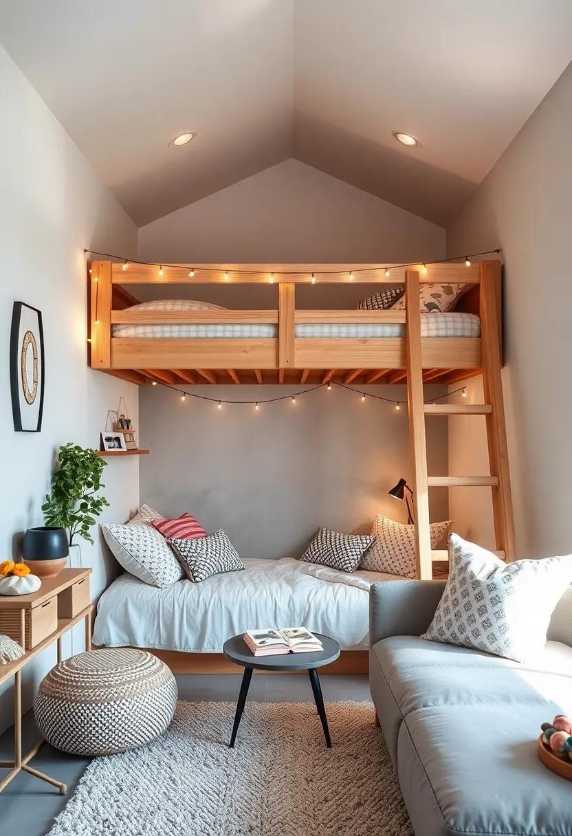 A natural wood loft bed with a cozy reading nook created beneath, complete with soft cushions and fairy lights for a magical vibe