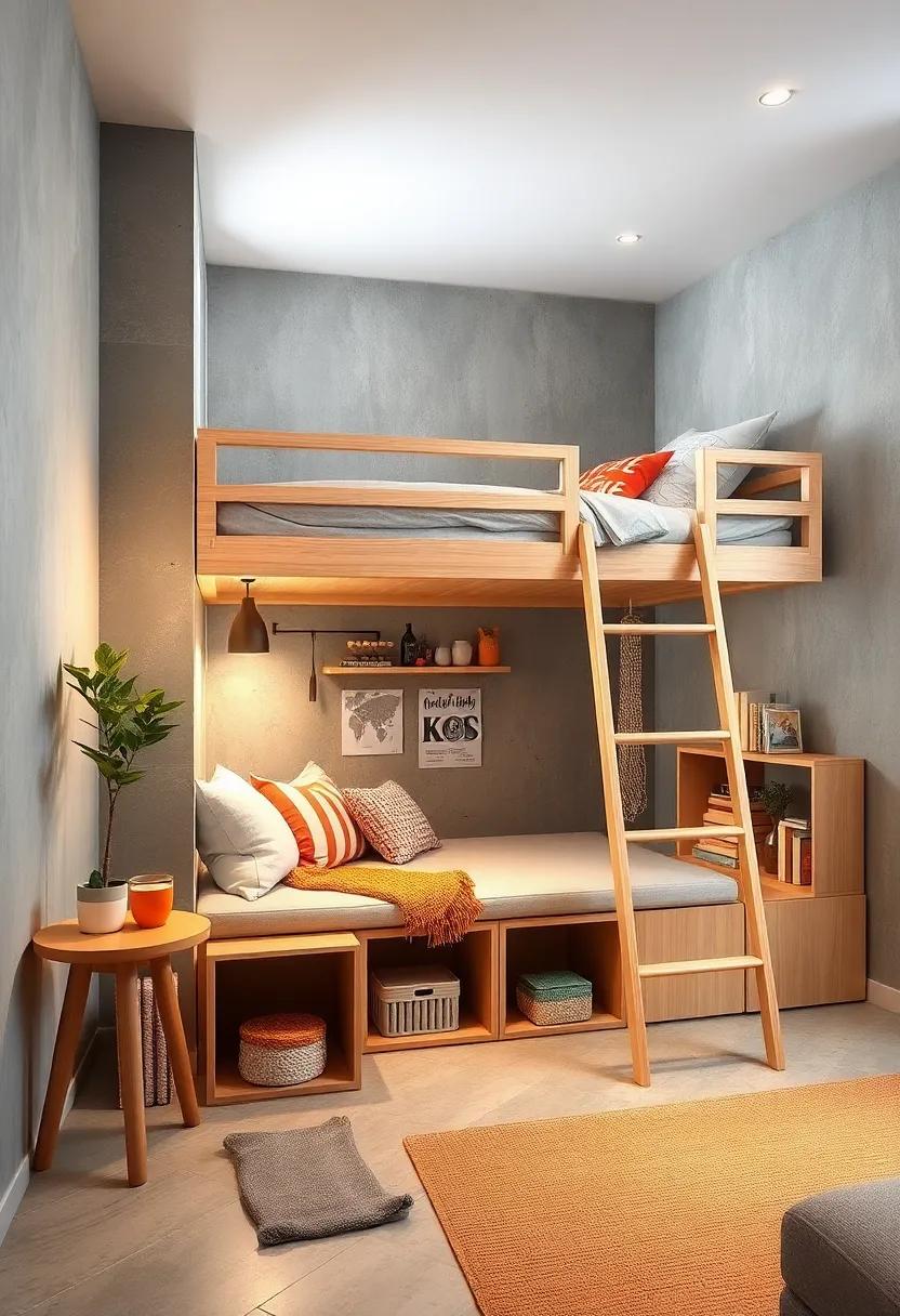 A loft ​bed with a bench ‍and storage⁣ cubes under the ladder, providing an inviting spot ‌to sit and tidy up simultaneously